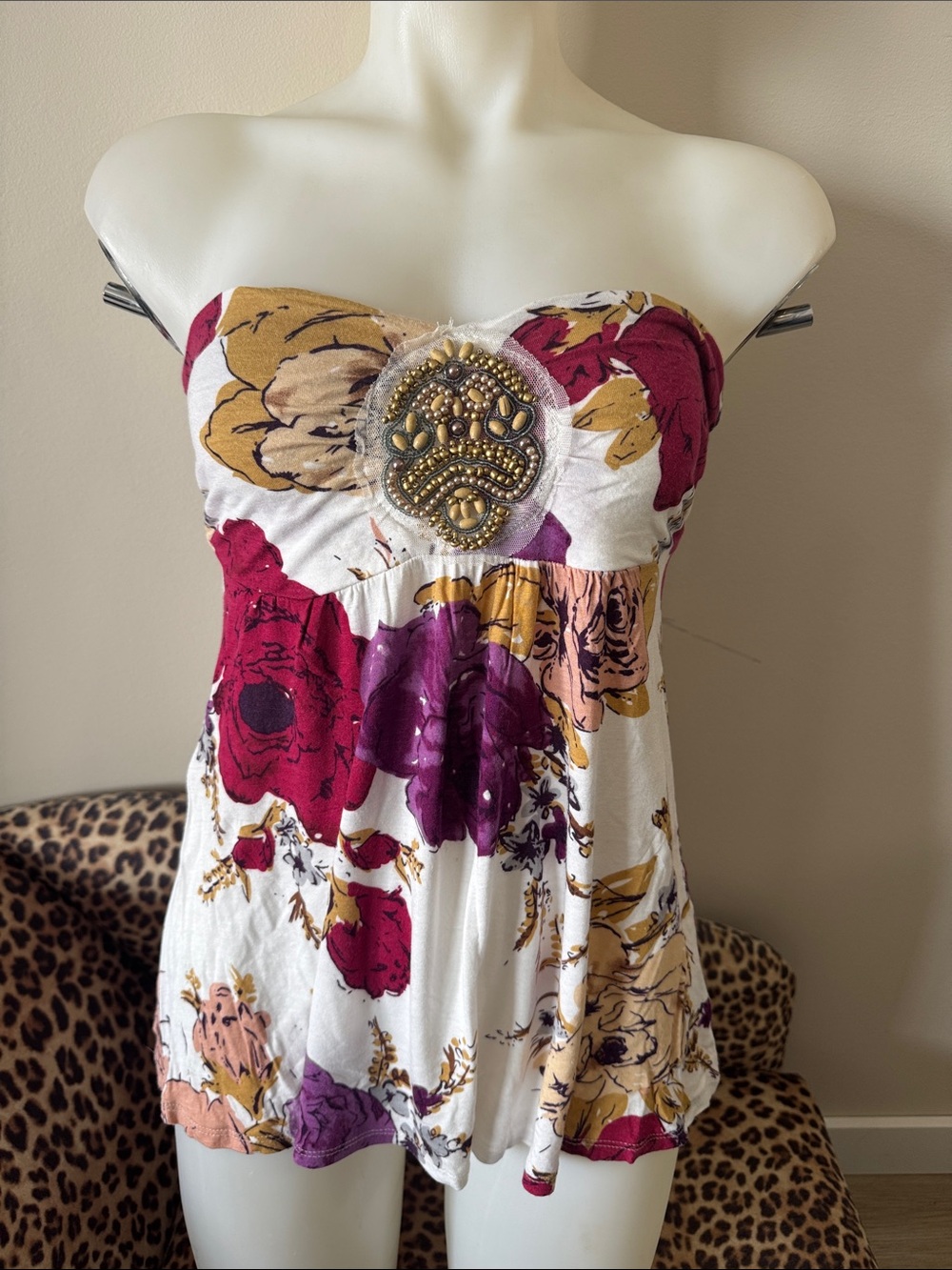 Kismet Y2K Strapless Floral Empire Dress in White, Burgundy & Mustard